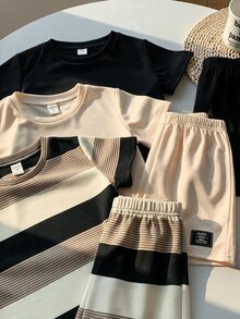 SHEIN 兒童小男孩/小女孩 中性款 3件組 春夏休閒百搭條紋與素色短袖T恤多件組，適合外出、度假、上學、假日 - 卡其色 - 查看 4