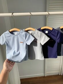 SHEIN 男女嬰兒/男嬰 4件組純棉春夏休閒百搭純色短袖T恤針織上衣套裝，男嬰上衣 - 彩色 - 查看 4