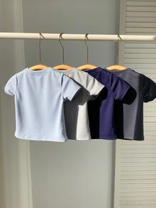 SHEIN 男女嬰兒/男嬰 4件組純棉春夏休閒百搭純色短袖T恤針織上衣套裝，男嬰上衣 - 彩色 - 查看 3