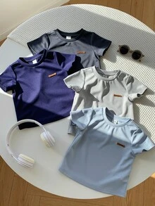 SHEIN 男女嬰兒/男嬰 4件組純棉春夏休閒百搭純色短袖T恤針織上衣套裝，男嬰上衣 - 彩色 - 查看 5