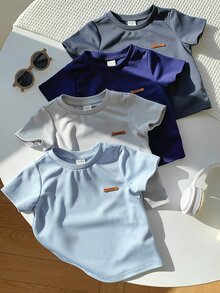 SHEIN 男女嬰兒/男嬰 4件組純棉春夏休閒百搭純色短袖T恤針織上衣套裝，男嬰上衣 - 彩色 - 查看 6
