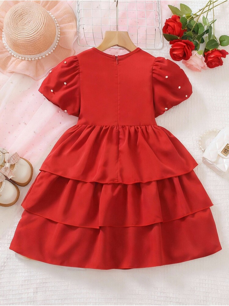 1pc Young Girl Deep Red Short Sleeve Round Neck Cake Dress,3D Ruffle & Pearl Decor,Summer Satin Party Dress,Flattering Silhouette For Celebration - Red - View 2