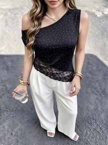 Pariaura French Style Spring/Summer Black And White Polka Dot Polka Dot Lace Patchwork Elegant Sexy Top Night Night Out Cocktail Date Night Polka Dot - Black - View 7