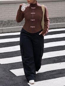 Muchica 棕色休閒街頭風女款大尺碼夾克，青蛙鈕扣設計，前拉鍊開襟，適合秋季外出與慢跑 - 棕色 - 查看 5