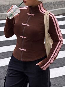 Muchica 棕色休閒街頭風女款大尺碼夾克，青蛙鈕扣設計，前拉鍊開襟，適合秋季外出與慢跑 - 棕色 - 查看 3