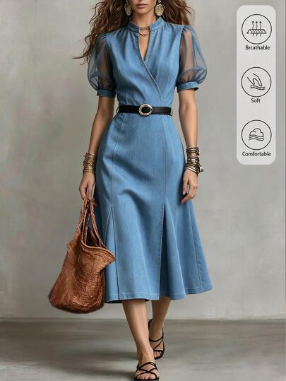 Omancia Women Elegant Smart Casual Business Casual Office Light Blue Autumn Dress Chinese Style Mandarin Collar Mesh Petal Sleeve Cinched Waist Denim Effect