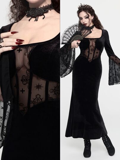 Goth فستان نسائي بأسلوب قوطي مظلم ملكي للهالوين، بقصة بودي كون ضيقة وتصميم حورية البحر مع أكمام واسعة مزخرفة بطباعة مخملية متقاطعة
