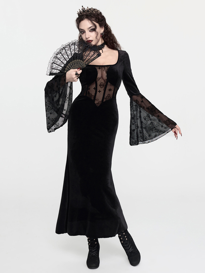 Robe femme style gothique sombre de cour pour Halloween, moulante moulant, coupe sirène, manches évasées, avec motif velours floqué croisé