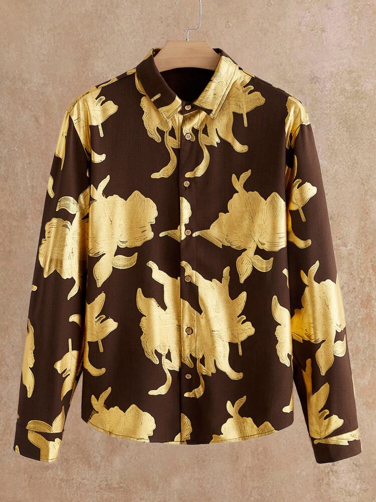 HIMLAND Men's Long Sleeve Shirt, Gold Foil Print, Vintage Floral Shirt, Brown Printed Shirt, Baroque Style, Luxury Menswear, Party Outfit,Clubwear, Streetwear - Brown - View 2
