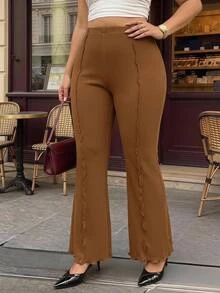SHEIN MOD Black Versatile Split Structure High-Waist Slim Fit Plus Size Flare Long Pants Fall - Camel - View 6