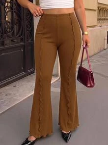 SHEIN MOD Black Versatile Split Structure High-Waist Slim Fit Plus Size Flare Long Pants Fall - Camel - View 1