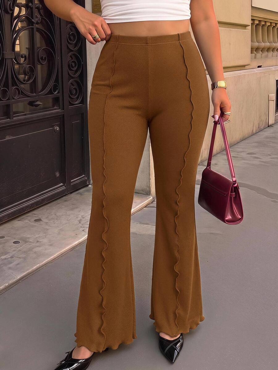 SHEIN MOD Black Versatile Split Structure High-Waist Slim Fit Plus Size Flare Long Pants Fall - Camel - View 1