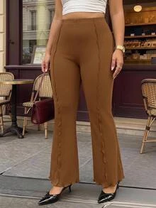 SHEIN MOD Black Versatile Split Structure High-Waist Slim Fit Plus Size Flare Long Pants Fall - Camel - View 7