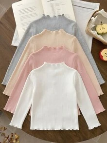SHEIN 4件組少女純色羅紋木鈕扣圓領長袖秋季上衣套裝 白色長袖上衣 秋季衣著 - 彩色 - 查看 2