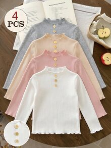 SHEIN 4件組少女純色羅紋木鈕扣圓領長袖秋季上衣套裝 白色長袖上衣 秋季衣著 - 彩色 - 查看 1