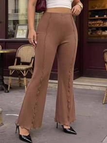 SHEIN MOD Black Versatile Split Structure High Waist Slim Fit Plus Size Flare Trousers Fall - Redwood - View 6
