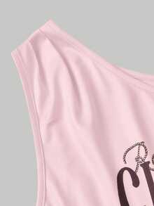 SHEIN MOD Blusa vintage asimétrica de hombro con nudo en color albaricoque en talla grande, con estampado retro, adecuada para salidas y vacaciones de primavera/verano - Rosa - Ver 2