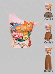 SHEIN MOD Blusa vintage asimétrica de hombro con nudo en color albaricoque en talla grande, con estampado retro, adecuada para salidas y vacaciones de primavera/verano - Rosa - Ver 8