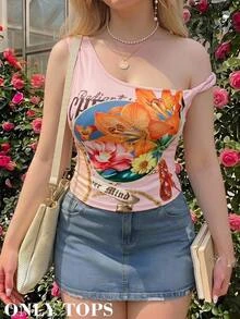 SHEIN MOD Blusa vintage asimétrica de hombro con nudo en color albaricoque en talla grande, con estampado retro, adecuada para salidas y vacaciones de primavera/verano - Rosa - Ver 5