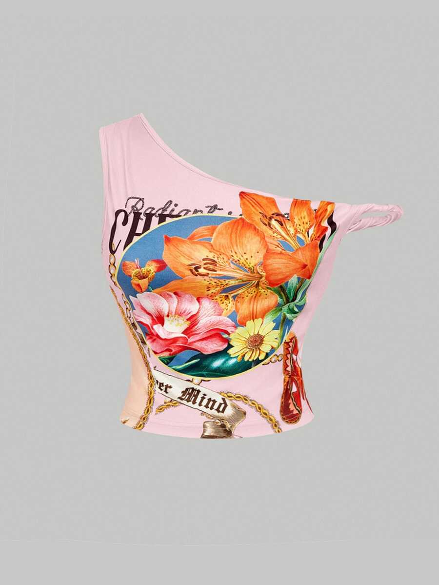 SHEIN MOD Blusa vintage asimétrica de hombro con nudo en color albaricoque en talla grande, con estampado retro, adecuada para salidas y vacaciones de primavera/verano - Rosa - Ver 1