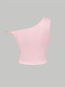 SHEIN MOD Blusa vintage asimétrica de hombro con nudo en color albaricoque en talla grande, con estampado retro, adecuada para salidas y vacaciones de primavera/verano - Rosa - Ver 4
