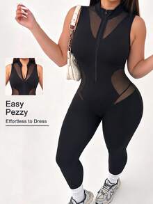 Easithlete Plus-Size Women's Solid Color Mesh Patchwork Zipper Front Open Sleeveless Sports Jumpsuit Gym Active Black Summer - Black - View 1