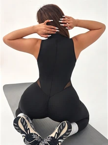 Easithlete Plus-Size Women's Solid Color Mesh Patchwork Zipper Front Open Sleeveless Sports Jumpsuit Gym Active Black Summer - Black - View 2