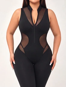 Easithlete Plus-Size Women's Solid Color Mesh Patchwork Zipper Front Open Sleeveless Sports Jumpsuit Gym Active Black Summer - Black - View 3