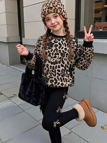 Genkimix Kids 青少年女孩韓式活力棕色運動衫與蝴蝶結修身長褲2件套，休閒長袖春秋套裝 - 黑色 - 查看 6