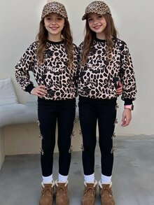 Genkimix Kids 青少年女孩韓式活力棕色運動衫與蝴蝶結修身長褲2件套，休閒長袖春秋套裝 - 黑色 - 查看 5
