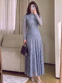 Modelyn Dusty Blue Design Semi-High Neck Waist-Cinching Slimming Lace Women's Dress Party Night Dinner Fall Mature Elegant - Purple - View 6
