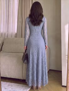Modelyn Dusty Blue Design Semi-High Neck Waist-Cinching Slimming Lace Women's Dress Party Night Dinner Fall Mature Elegant - Purple - View 2