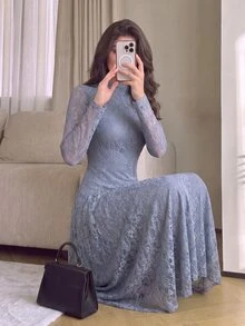 Modelyn Dusty Blue Design Semi-High Neck Waist-Cinching Slimming Lace Women's Dress Party Night Dinner Fall Mature Elegant - Purple - View 5