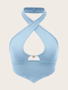 SHEIN ICON Solid Criss Cross Halter Top - Baby Blue - View 1