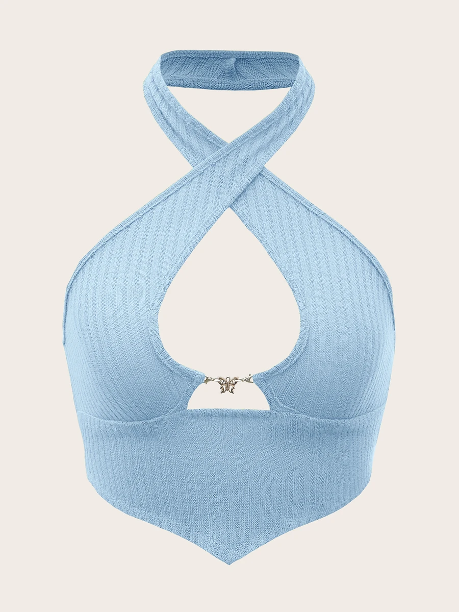 SHEIN ICON Solid Criss Cross Halter Top - Baby Blue - View 1