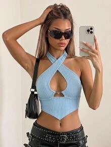 SHEIN ICON Solid Criss Cross Halter Top - Baby Blue - View 3
