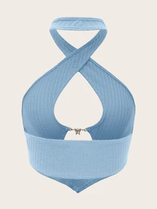 SHEIN ICON Solid Criss Cross Halter Top - Baby Blue - View 2