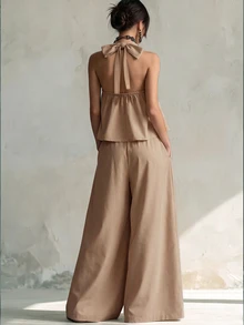SHEIN Holidaya 法式風格卡其色休閒女裝套裝，包含無袖露肩掛脖上衣與寬腿長褲，簡約優雅的秋季穿搭選擇 - 卡其色 - 查看 3