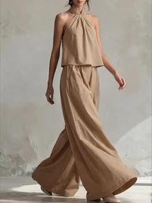 SHEIN Holidaya 法式風格卡其色休閒女裝套裝，包含無袖露肩掛脖上衣與寬腿長褲，簡約優雅的秋季穿搭選擇 - 卡其色 - 查看 6
