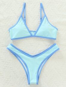 Swim SXY Summer Beach Contrast Binding High Cut Bikini Set - Baby Blue - View 6