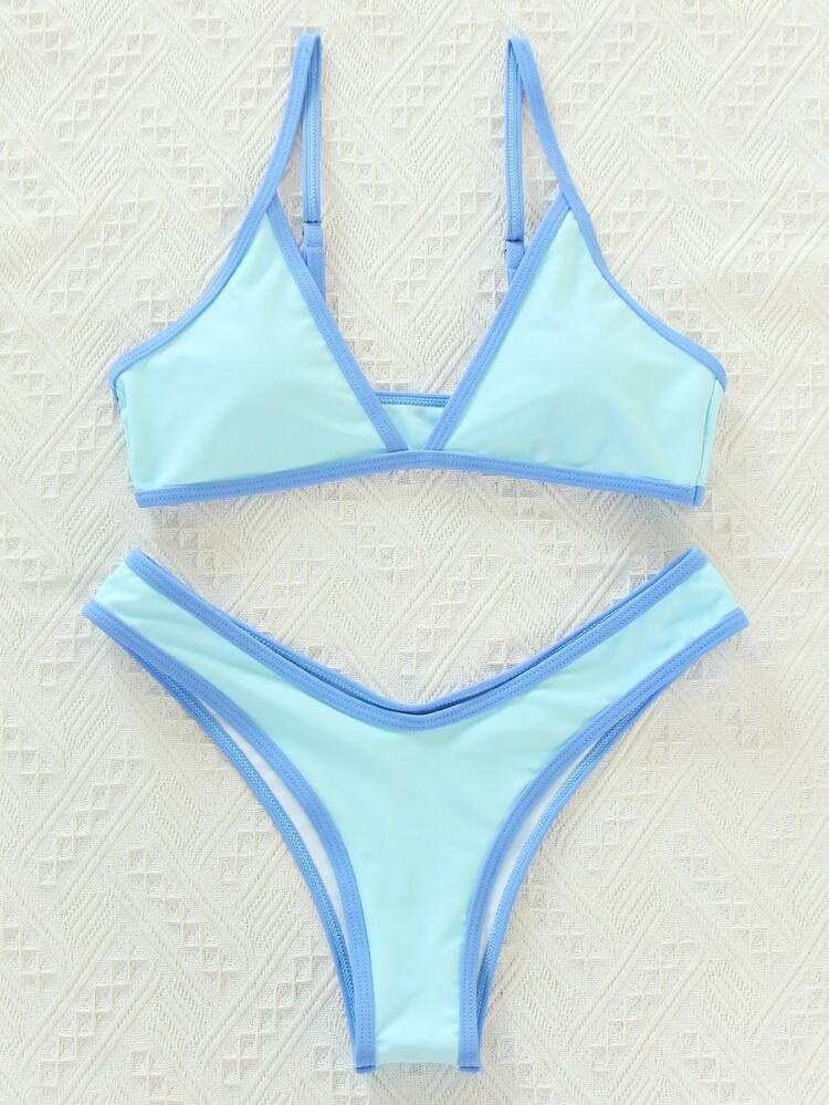Swim SXY Summer Beach Contrast Binding High Cut Bikini Set - Baby Blue - View 5