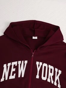青少年女孩秋季服飾 酒紅色 NEW YORK 字母印花拉鍊連帽外套，寬鬆長袖開襟連帽夾克，休閒街頭風外衣 - 酒紅色 - 查看 4