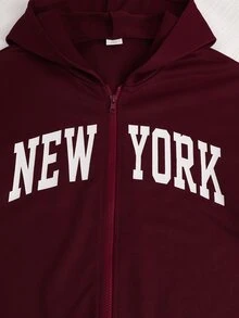 青少年女孩秋季服飾 酒紅色 NEW YORK 字母印花拉鍊連帽外套，寬鬆長袖開襟連帽夾克，休閒街頭風外衣 - 酒紅色 - 查看 5