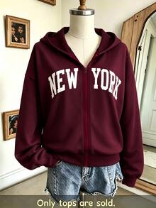 青少年女孩秋季服飾 酒紅色 NEW YORK 字母印花拉鍊連帽外套，寬鬆長袖開襟連帽夾克，休閒街頭風外衣 - 酒紅色 - 查看 3