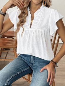 EMERY ROSE Women's Casual Vacation Solid Color Cutout Lace V-Neck Cap Sleeve Blouse, Spring/Summer - White - View 8