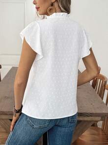 EMERY ROSE Women's Casual Vacation Solid Color Cutout Lace V-Neck Cap Sleeve Blouse, Spring/Summer - White - View 2