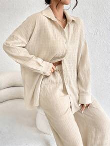 EMERY ROSE Women's Spring/Autumn Casual Vacation Commute Lounge Solid Color Textured Fabric Drop Shoulder Loose Long Sleeve Shirt And Pants 2-Piece Set Orange - Apricot - View 2