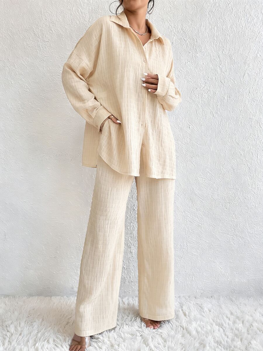 EMERY ROSE Women's Spring/Autumn Casual Vacation Commute Lounge Solid Color Textured Fabric Drop Shoulder Loose Long Sleeve Shirt And Pants 2-Piece Set Orange - Apricot - View 1