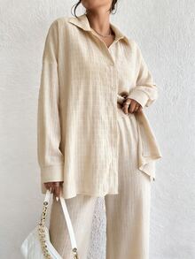EMERY ROSE Women's Spring/Autumn Casual Vacation Commute Lounge Solid Color Textured Fabric Drop Shoulder Loose Long Sleeve Shirt And Pants 2-Piece Set Orange - Apricot - View 4