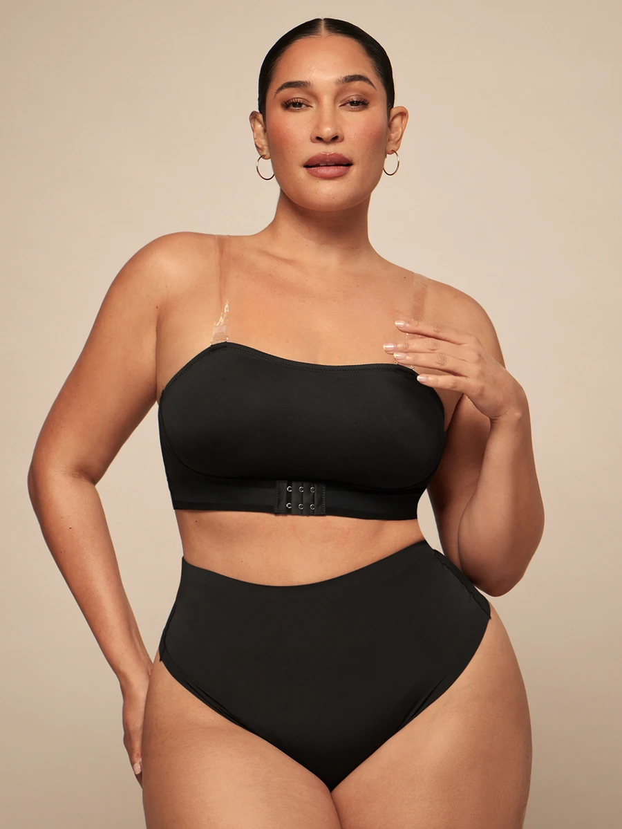 SHEIN BAE CURVE 女士加大码无线舒适全覆盖文胸,带多个纽扣,1 件 - 黑色 - 查看 1